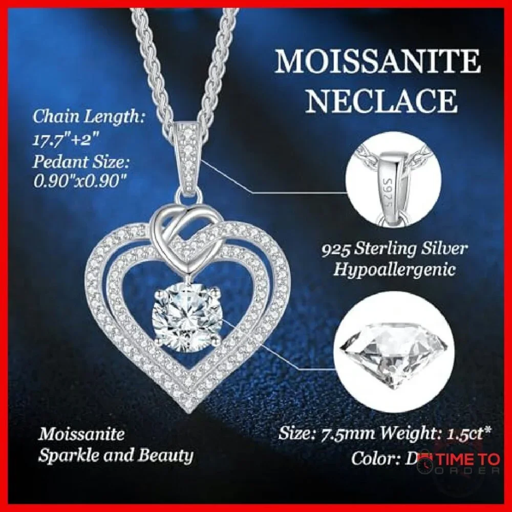 1.5 Carat Moissanite Heart Pendant Necklace 925 Sterling Silver Gift